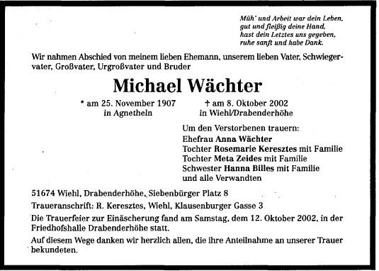 Waechter Michael 1907-2002 Todesanzeige